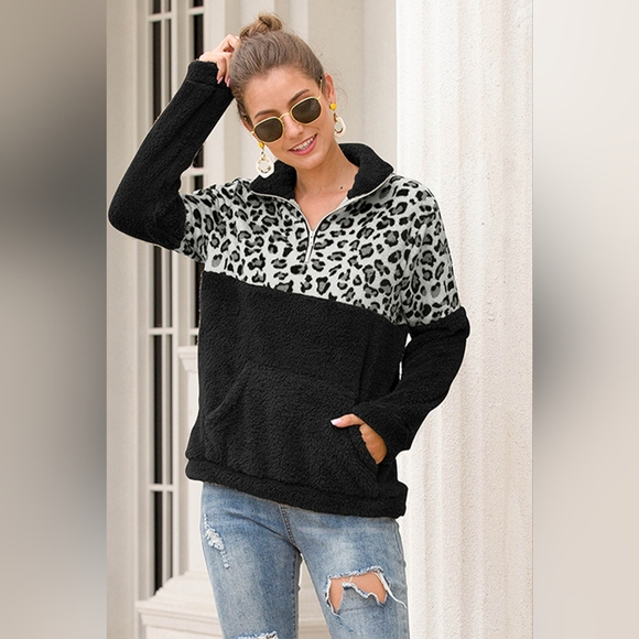 Two-Tone Zip-Up Turtle Neck Dropped Shoulder Sweatshirt - Picture 2 of 2